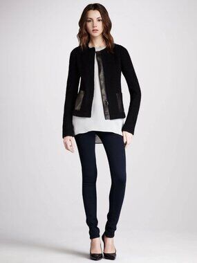 VINCE Black Wool Boucle Knit Lamb Leather Minimalist Collarless Jacket, Size 2